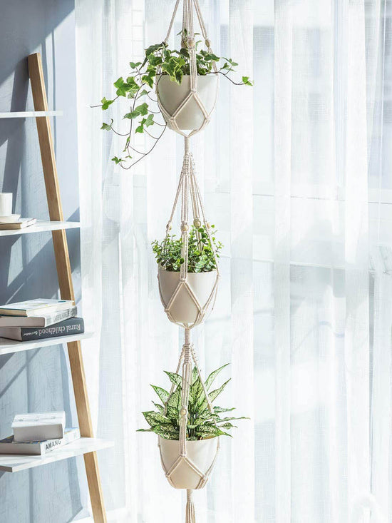 Fabric Macrame Pot Hanger - 3 Down White color 