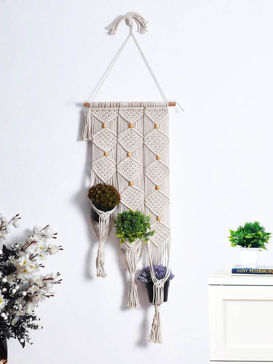 Fabric Macrame Pot Hanger - 3 Hanger White color 